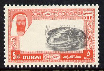 Dubai 1963 Mussel 5np Postage Due unmounted mint single with centre badly misplaced (as SG D30), stamps on , stamps on  stamps on marine-life     shells