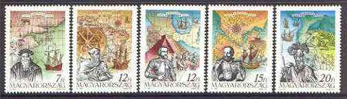 Hungary 1991 Discovery of America by Columbus set of 5 unmounted mint, SG 4063-67, stamps on ships, stamps on explorers, stamps on columbus, stamps on maps, stamps on cabot, stamps on cortes, stamps on pizarro