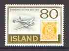 Iceland 1973 Beech Mail Plane 80k from Stamp Centenary set, unmounted mint SG 508, stamps on aviation, stamps on stamp on stamp, stamps on stamponstamp