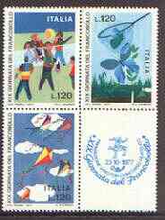 Italy 1977 Stamp Day se-tenant block (3 stamps plus label) unmounted mint SG 1532-34, stamps on postal, stamps on handball, stamps on butterflies, stamps on kites