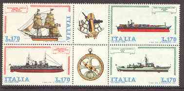 Italy 1978 Ship-building 2nd series se-tenant block of 6 (4 stamps plus 2 labels) unmounted mint SG 1552-55, stamps on , stamps on  stamps on ships, stamps on navigation