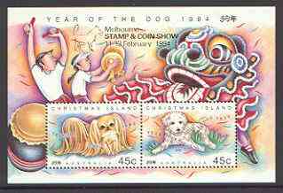 Christmas Island 1994 Chinese New Year - Year of the Dog m/sheet unmounted mint SG MS 388 opt'd for Melbourne Stamp & Coin Show, stamps on , stamps on  stamps on dogs, stamps on stamp exhibitions, stamps on  stamps on lunar, stamps on  stamps on lunar new year