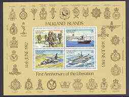 Falkland Islands 1983 First Anniversary of Liberation m/sheet unmounted mint, SG MS 458, stamps on ships, stamps on aviation, stamps on flat tops, stamps on militaria, stamps on badges