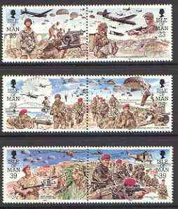 Isle of Man 1992 Parachute Regiment  set of 6 (3 se-tenant pairs) unmounted mint, SG 502-507, stamps on parachutes, stamps on aviation, stamps on militaria, stamps on helicopter, stamps on badges, stamps on arms, stamps on heraldry, stamps on bridges