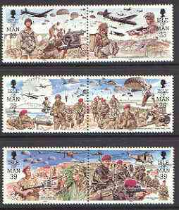 Isle of Man 1992 Parachute Regiment  set of 6 (3 se-tenant pairs) unmounted mint, SG 502-507, stamps on , stamps on  stamps on parachutes, stamps on aviation, stamps on militaria, stamps on helicopter, stamps on badges, stamps on arms, stamps on  stamps on heraldry, stamps on bridges