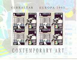 Gibraltar 1993 Europa (Contemporary Art) set of 4 (2 se-tenant pairs) unmounted mint, SG 690-693, stamps on , stamps on  stamps on europa, stamps on theatre, stamps on music, stamps on photography, stamps on cameras, stamps on printing, stamps on sculpture, stamps on masks