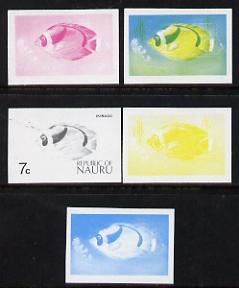 Nauru 1973 Fish 7c definitive (SG 104) set of 5 unmounted mint IMPERF progressive proofs on gummed paper (blue, magenta, yelow, black and yellow & blue), stamps on fish     marine-life