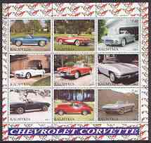 Kalmikia Republic 2000 Chevrolet Corvette perf sheetlet containing set of 9 values unmounted mint, stamps on cars, stamps on chevrolet