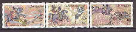 Somalia 1999 Hunting perf set of 3 unmounted mint*, stamps on horses, stamps on hunting, stamps on birds, stamps on birds of prey, stamps on deer, stamps on cats