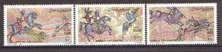 Somalia 1999 Hunting perf set of 3 unmounted mint*, stamps on , stamps on  stamps on horses, stamps on hunting, stamps on birds, stamps on birds of prey, stamps on deer, stamps on cats