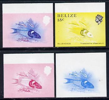 Belize 1984-88 Blueheads 15c def imperf progressive marginal proofs in blue, red, red & blue and yellow & black, 4 proofs unmounted mint as SG 773, stamps on fish     marine-life