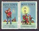 Cinderella - United States 1970 Boys Town, Nebraska fine mint set of 2 labels showing Boy carrying another and choir by lamp-post , stamps on cinderellas, stamps on music, stamps on energy, stamps on light     