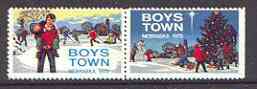 Cinderella - United States 1972 Boys Town, Nebraska fine mint set of 2 labels showing Boy carrying another and Boys by Christmas Tree, stamps on , stamps on  stamps on cinderellas, stamps on christmas