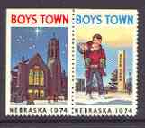 Cinderella - United States 1974 Boys Town, Nebraska fine mint set of 2 labels showing Boy carrying another and Church at Night, stamps on cinderellas, stamps on churches, stamps on stained glass