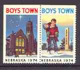 Cinderella - United States 1974 Boys Town, Nebraska fine mint set of 2 labels showing Boy carrying another and Church at Night, stamps on , stamps on  stamps on cinderellas, stamps on churches, stamps on stained glass