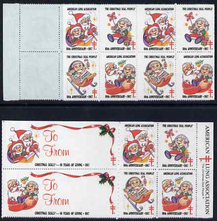 Cinderella - United States 1987 Christmas Lung Association Seals se-tenant strip of 14 (2 large & 12 small labels), stamps on , stamps on  stamps on cinderella, stamps on christmas, stamps on santa, stamps on diseases, stamps on medical
