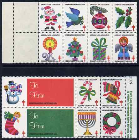 Cinderella - United States 1984 Christmas Lung Association Seals se-tenant strip of 14 (2 large & 12 small labels) unmounted mint, stamps on , stamps on  stamps on cinderella, stamps on christmas, stamps on diseases, stamps on medical, stamps on santa, stamps on candles, stamps on bells, stamps on judaica