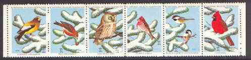 Cinderella - United States 1975 Christmas Seals from the National Wildlife Federation se-tenant strip of 6 (Birds), stamps on , stamps on  stamps on cinderella, stamps on christmas, stamps on birds, stamps on birds of prey, stamps on owls