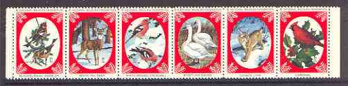 Cinderella - United States 1979 Christmas Seals from the National Wildslife Federation se-tenant strip of 6 (Birds & Animals), stamps on cinderella, stamps on christmas, stamps on birds, stamps on deer, stamps on animals, stamps on swans, stamps on lynx