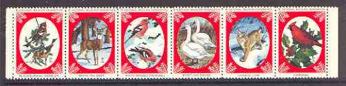 Cinderella - United States 1979 Christmas Seals from the National Wildslife Federation se-tenant strip of 6 (Birds & Animals), stamps on , stamps on  stamps on cinderella, stamps on christmas, stamps on birds, stamps on deer, stamps on animals, stamps on swans, stamps on lynx