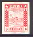 Liberia 1955 Tennis 3c imperf proof of red printing only as SG 756 on ungummed paper (reverse shows blue printing of 10c Baseball stamp SG 759)