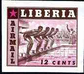 Liberia 1955 Swimming 12c imperf proof of brown only (as SG 760) superimposed with magenta printing of 10c Baseball stamp (SG 759) on ungummed paper, stamps on , stamps on  stamps on sport, stamps on swimming, stamps on baseball