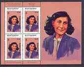 Montserrat 1998 Famous People of the 20th Century - Anne Frank (Holocaust) perf sheetlet containing 4 vals opt'd SPECIMEN, unmounted mint SG 1078s, stamps on , stamps on  stamps on personalities, stamps on  stamps on women, stamps on  stamps on  ww2 , stamps on  stamps on judaica, stamps on  stamps on millennium, stamps on  stamps on  