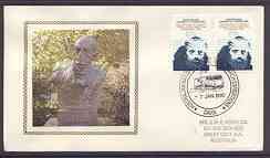 Australian Antarctic Territory 1990 illustrated cover (Statue of Mawson) bearing pair 27c Scientist stamps with Research Expedition cancel, stamps on polar, stamps on science, stamps on explorers