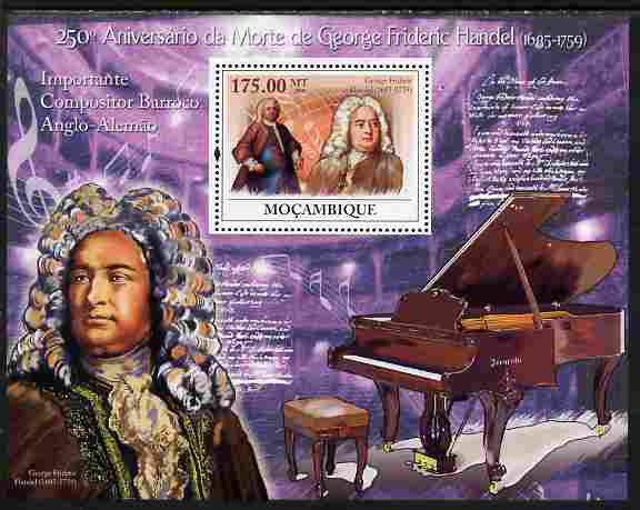 Mozambique 2009 250th Death Anniversary of George Frederic Handel perf souvenir sheet unmounted mint, stamps on , stamps on  stamps on personalities, stamps on  stamps on handel, stamps on  stamps on opera, stamps on  stamps on music, stamps on  stamps on composers, stamps on  stamps on 