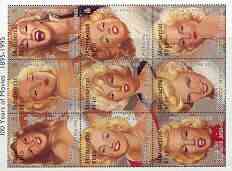 Montserrat 1995 Centenary of the Cinema (Marilyn Monroe) sheetlet containing 9 values, SG 956a, stamps on , stamps on  stamps on entertainments, stamps on  stamps on cinema, stamps on  stamps on films, stamps on  stamps on marilyn monroe