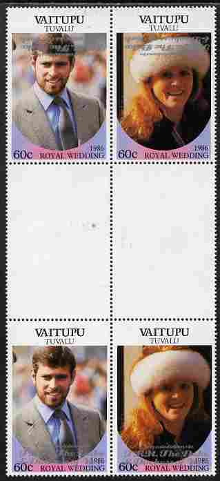 Tuvalu - Vaitupu 1986 Royal Wedding (Andrew & Fergie) 60c with 'Congratulations' opt in silver in unissued perf inter-paneau block of 4 (2 se-tenant pairs) with overprint inverted on one pair unmounted mint from Printer's uncut proof sheet, stamps on royalty, stamps on andrew, stamps on fergie, stamps on 