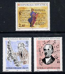 Croatia 1994 Musical Anniversaries set of 3 unmounted mint SG 287-9, stamps on music, stamps on composers, stamps on harp, stamps on 