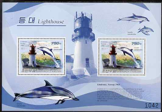 North Korea 2009 Lighthouses #3b Norway - Lindesnes perf s/sheet containing 2 values unmounted mint, stamps on , stamps on  stamps on lighthouses, stamps on  stamps on dolphins, stamps on  stamps on marine life