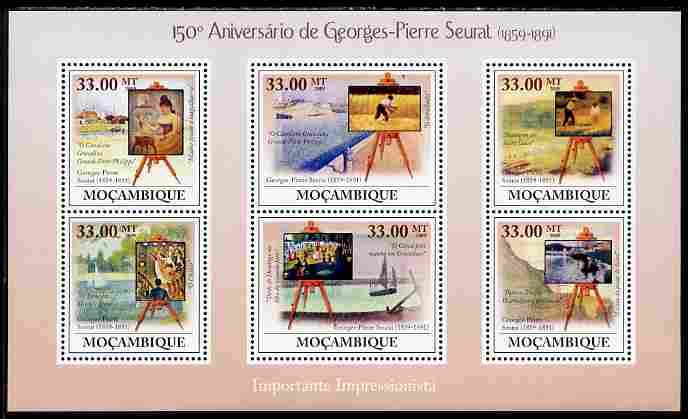 Mozambique 2009 150th Birth Anniversary of Georges-Pierre Seurat perf sheetlet containing 6 vaues unmounted mint, stamps on , stamps on  stamps on personalities, stamps on  stamps on arts