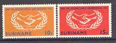 Surinam 1965 International Co-operation Year set of 2 unmounted mint, SG 549-50, stamps on communications, stamps on  icy , stamps on united nations