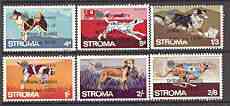 Stroma 1970 Dogs perf set of 6 each with silver dot obliterating 6th then optd 5th Anniversary of Death of Sir Winston Churchill unmounted mint, stamps on animals, stamps on dogs, stamps on personalities, stamps on churchill, stamps on death, stamps on collie, stamps on dalmation, stamps on husky, stamps on greyhound, stamps on labrador, stamps on pointer