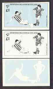 Bernera 1982 Football World Cup imperf souvenir sheet (A31) set of 3 progressive colour proofs comprising the 2 individual colours plus composite (issued design) unmounted mint, stamps on , stamps on  stamps on football, stamps on  stamps on sport