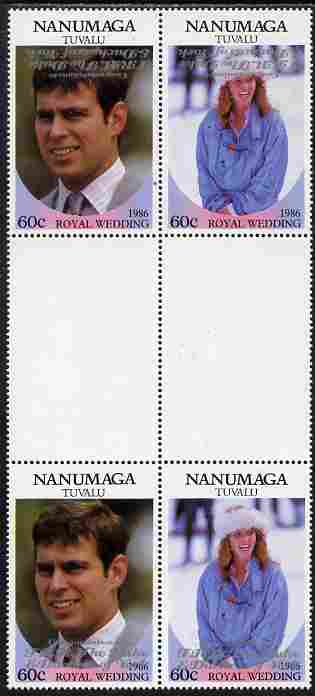 Tuvalu - Nanumaga 1986 Royal Wedding (Andrew & Fergie) 60c with Congratulations opt in silver in unissued perf inter-paneau block of 4 (2 se-tenant pairs) with overprint ..., stamps on royalty, stamps on andrew, stamps on fergie, stamps on 