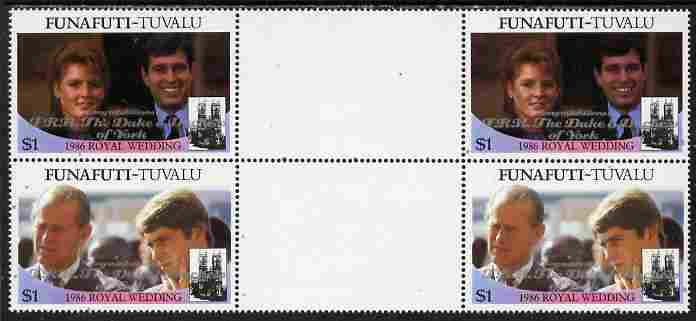Tuvalu - Funafuti 1986 Royal Wedding (Andrew & Fergie) $1 with Congratulations opt in silver in unissued perf inter-paneau block of 4 (2 se-tenant pairs) unmounted mint f..., stamps on royalty, stamps on andrew, stamps on fergie, stamps on 