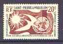 St Pierre & Miquelon 1958 Tenth Anniversary of Human Rights 20f perf unmounted mint, SG 414, stamps on human rights