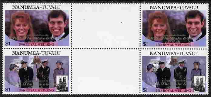 Tuvalu - Nanumea 1986 Royal Wedding (Andrew & Fergie) $1 with 'Congratulations' opt in silver in unissued perf inter-paneau block of 4 (2 se-tenant pairs) unmounted mint from Printer's uncut proof sheet, stamps on royalty, stamps on andrew, stamps on fergie, stamps on 