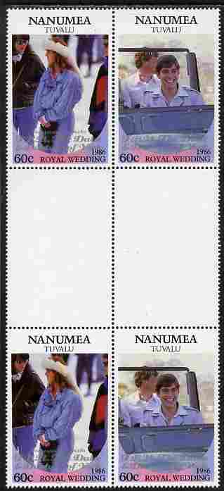 Tuvalu - Nanumea 1986 Royal Wedding (Andrew & Fergie) 60c with 'Congratulations' opt in silver in unissued perf inter-paneau block of 4 (2 se-tenant pairs) unmounted mint from Printer's uncut proof sheet, stamps on , stamps on  stamps on royalty, stamps on  stamps on andrew, stamps on  stamps on fergie, stamps on  stamps on 