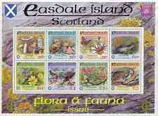 Easdale 1998 19th World Scout Jamboree overprinted in silver on Flora & Fauna definitive (26p to £5) perf sheetlet of 8 unmounted mint, stamps on animals, stamps on birds, stamps on butterflies, stamps on flowers, stamps on fungi, stamps on marine life, stamps on shells, stamps on goldfinch, stamps on tern, stamps on turnstone, stamps on scouts