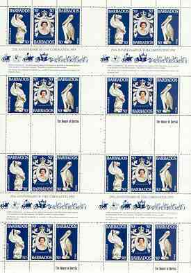 Barbados 1978 Coronation 25th Anniversary (QEII & Pelican) in complete uncut sheet of 24 (8 strips of SG 597a) unmounted mint, stamps on birds, stamps on royalty, stamps on coronation, stamps on arms, stamps on heraldry, stamps on griffin