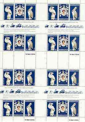 Barbados 1978 Coronation 25th Anniversary (QEII & Pelican) in complete uncut sheet of 24 (8 strips of SG 597a) unmounted mint, stamps on , stamps on  stamps on birds, stamps on  stamps on royalty, stamps on  stamps on coronation, stamps on  stamps on arms, stamps on  stamps on heraldry, stamps on  stamps on griffin