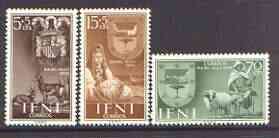 Ifni 1956 Colonial Stamp Day (Arms, Sheep & Drummer) set of 3 unmounted mint, SG 130-32, stamps on , stamps on  stamps on animals, stamps on arms, stamps on  stamps on heraldry, stamps on music, stamps on sheep, stamps on ovine, stamps on  stamps on musical instruments