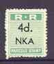 Northern Rhodesia 1951-68 Railway Parcel stamp 4d (small numeral) overprinted NKA (Nkana Kitwe) corner block of 8 with sheet number, unmounted mint, a rarely offered item, stamps on railways, stamps on cinderella, stamps on  kg6 , stamps on 