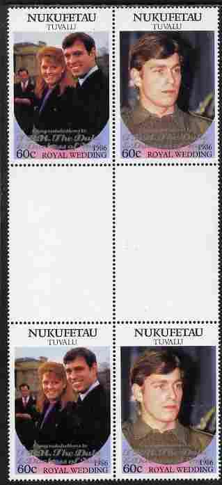 Tuvalu - Nukufetau 1986 Royal Wedding (Andrew & Fergie) 60c with 'Congratulations' opt in silver in unissued perf inter-paneau block of 4 (2 se-tenant pairs) unmounted mint from Printer's uncut proof sheet, stamps on , stamps on  stamps on royalty, stamps on  stamps on andrew, stamps on  stamps on fergie, stamps on  stamps on 