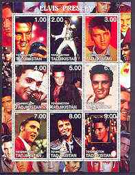 Tadjikistan 2001 Elvis Presley perf sheetlet containing 9 values unmounted mint, stamps on music, stamps on personalities, stamps on elvis, stamps on entertainments, stamps on films, stamps on cinema