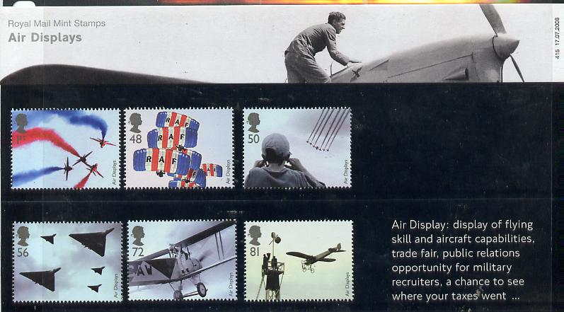 Great Britain 2008 Air Displays perf set of 6 in official presentation pack unmounted mint SG 2855-60, stamps on aviation, stamps on parachutes, stamps on 